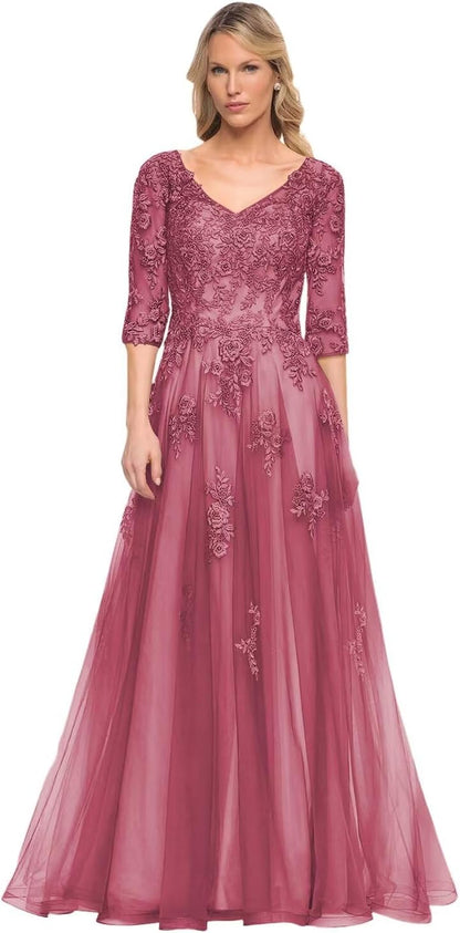 Women's V-Neck 3/4 Sleeve Mother of The Bride Dress A-line Tulle Lace Appliques Long Formal Party Dress QA117