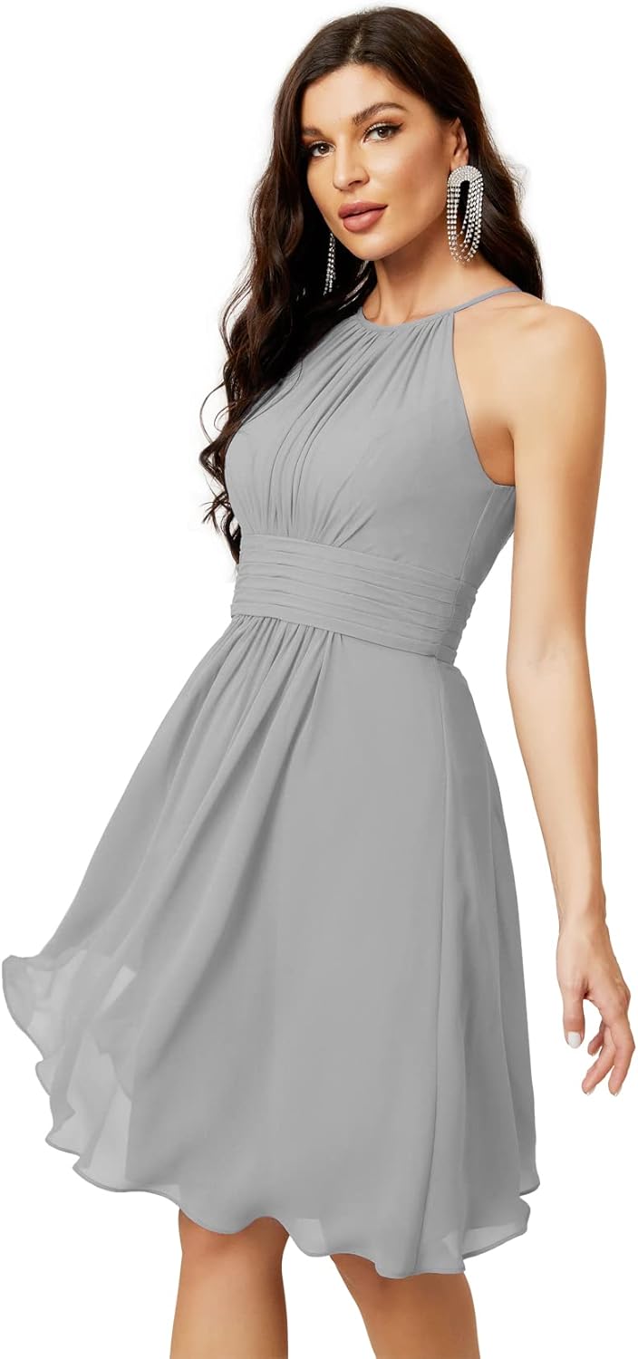 Sunnderly Short Halter Top Chiffon Bridesmaid Dresses Tea Length A Line Formal Evening Party Cocktail Dress Dusty Rose