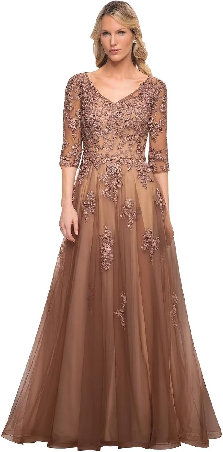 Women's V-Neck 3/4 Sleeve Mother of The Bride Dress A-line Tulle Lace Appliques Long Formal Party Dress QA117