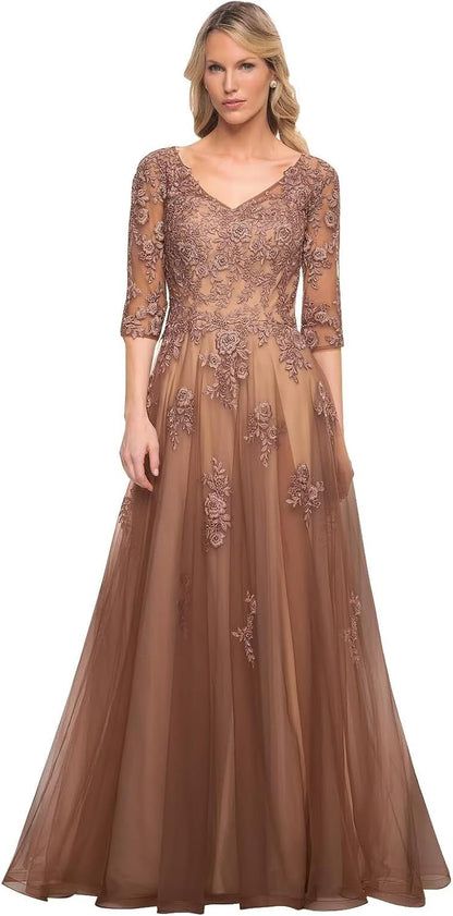 Women's V-Neck 3/4 Sleeve Mother of The Bride Dress A-line Tulle Lace Appliques Long Formal Party Dress QA117