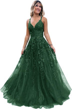 Floral Lace Glitter Tulle Prom Dress Long Ball Gown V Neck Formal Evening Dress Maxi Party Gown