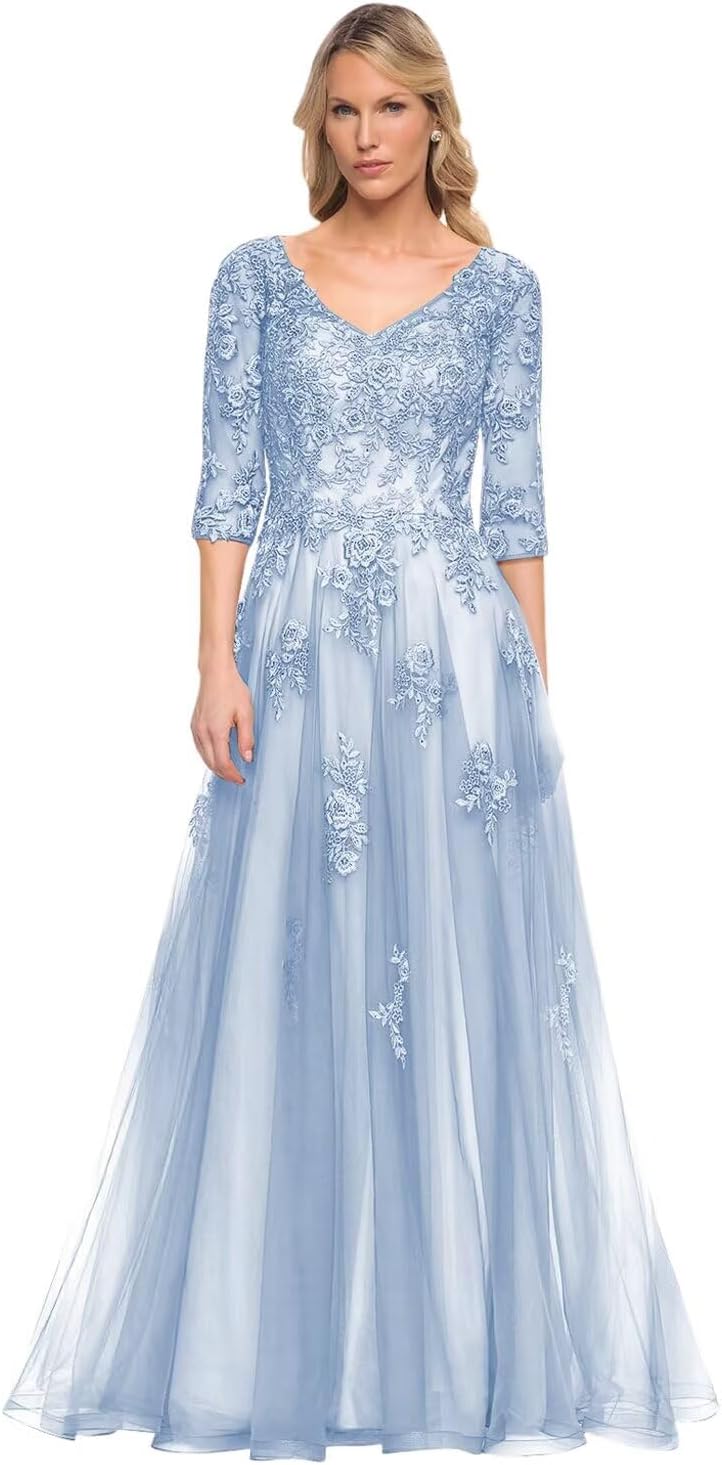 Women's V-Neck 3/4 Sleeve Mother of The Bride Dress A-line Tulle Lace Appliques Long Formal Party Dress QA117