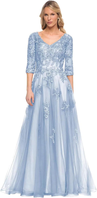 Women's V-Neck 3/4 Sleeve Mother of The Bride Dress A-line Tulle Lace Appliques Long Formal Party Dress QA117