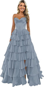 Strapless Corset Prom Dresses for Women 2025 Long Tiered Ruffle Chiffon Formal Evening Gown with Slit