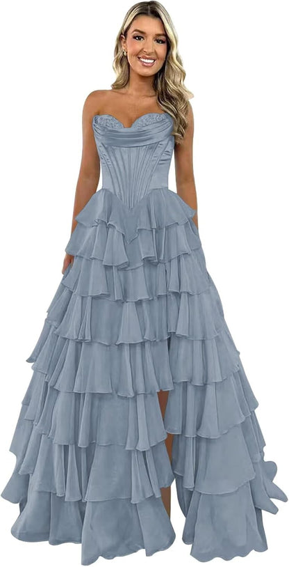 Trägerloses Korsett-Ballkleid für Damen 2025, langes, gestuftes, gerüschtes Chiffon-Abendkleid mit Schlitz 
