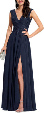 Chiffon Appliques Bridesmaid Dress Long V Neck Beaded Wedding Guest Gown with Split