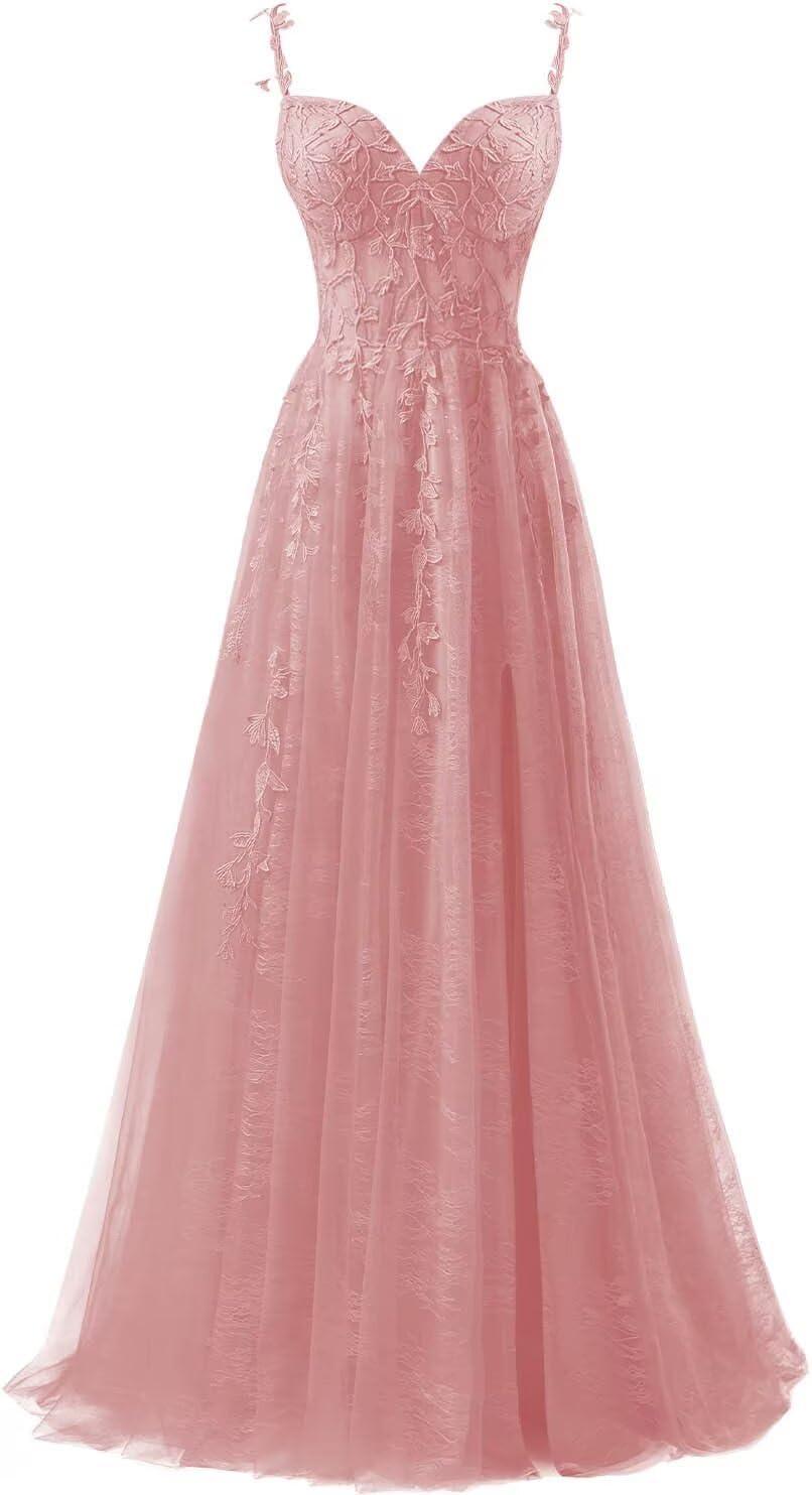 Lace Applique Tulle Prom Dresses for Women 2025 Spaghetti Straps Ball Gown Formal Evening Party Gown with Slit