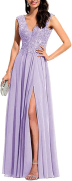 Chiffon Appliques Bridesmaid Dress Long V Neck Beaded Wedding Guest Gown with Split