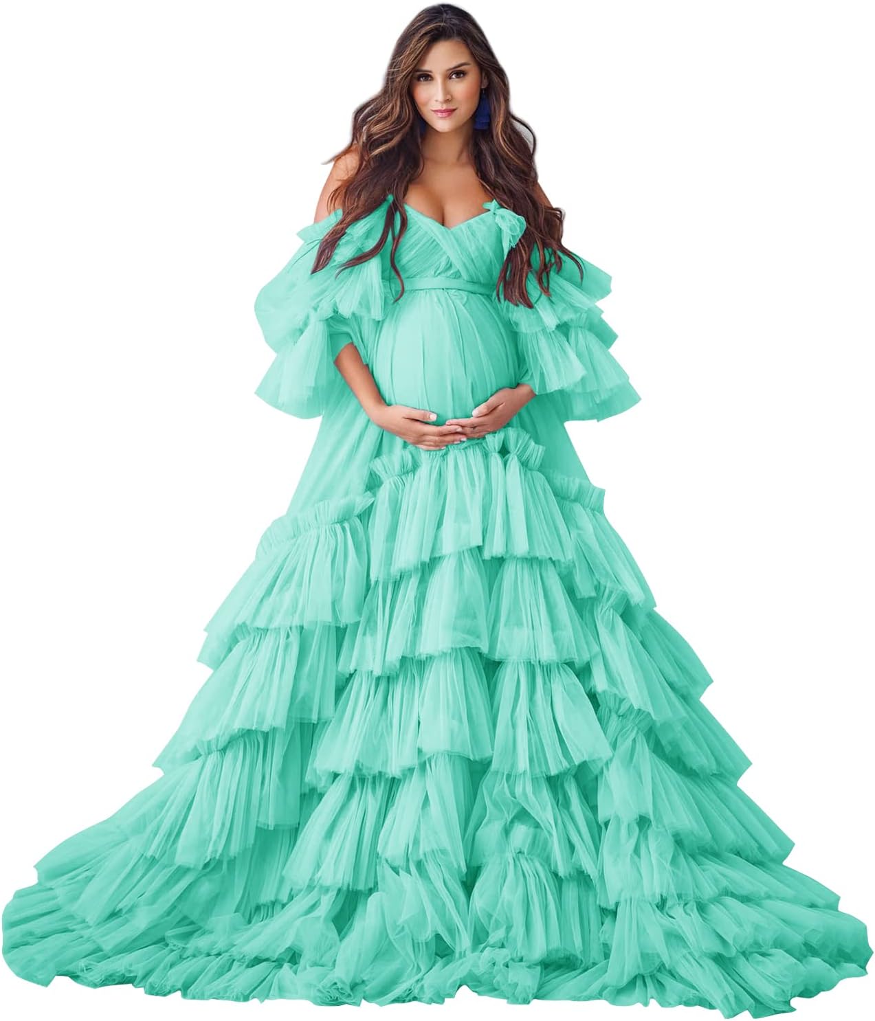 Puffy Tüll Robe Umstandskleid für Fotoshooting Transparente Braut Dessous Hochzeitskleid Lange Baby Shower Schwangerschaftskleider 