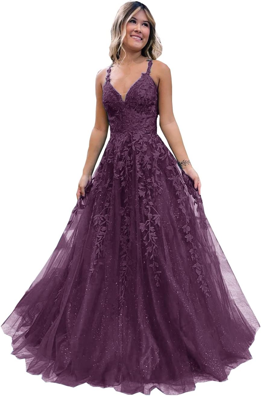 Floral Lace Glitter Tulle Prom Dress Long Ball Gown V Neck Formal Evening Dress Maxi Party Gown