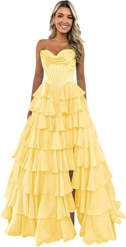 Trägerloses Korsett-Ballkleid für Damen 2025, langes, gestuftes, gerüschtes Chiffon-Abendkleid mit Schlitz 