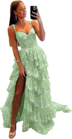 Glitzerndes, gestuftes Spitzen-Tüll-Ballkleid, lang, 2025, Spaghettiträger, formelles Korsett-Abendkleid mit Schlitz 