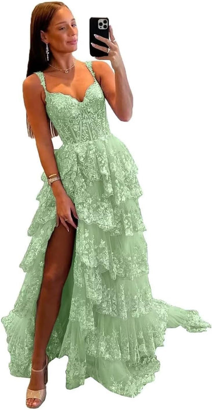 Glitzerndes, gestuftes Spitzen-Tüll-Ballkleid, lang, 2025, Spaghettiträger, formelles Korsett-Abendkleid mit Schlitz 