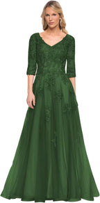 Damen V-Ausschnitt 3/4 Ärmel Kleid für die Brautmutter A-Linie Tüll Spitzenapplikationen Langes formelles Partykleid QA117 