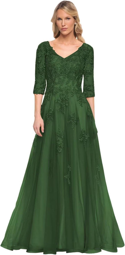Women's V-Neck 3/4 Sleeve Mother of The Bride Dress A-line Tulle Lace Appliques Long Formal Party Dress QA117