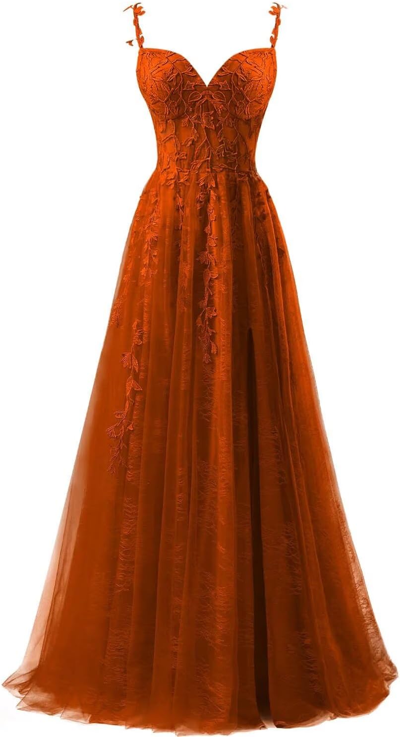 Lace Applique Tulle Prom Dresses for Women 2025 Spaghetti Straps Ball Gown Formal Evening Party Gown with Slit