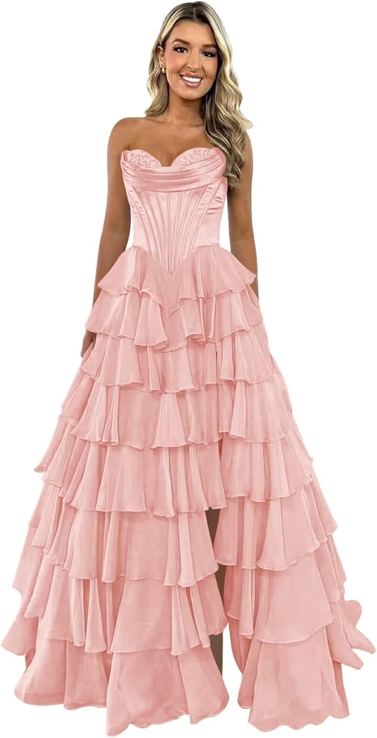 Trägerloses Korsett-Ballkleid für Damen 2025, langes, gestuftes, gerüschtes Chiffon-Abendkleid mit Schlitz 