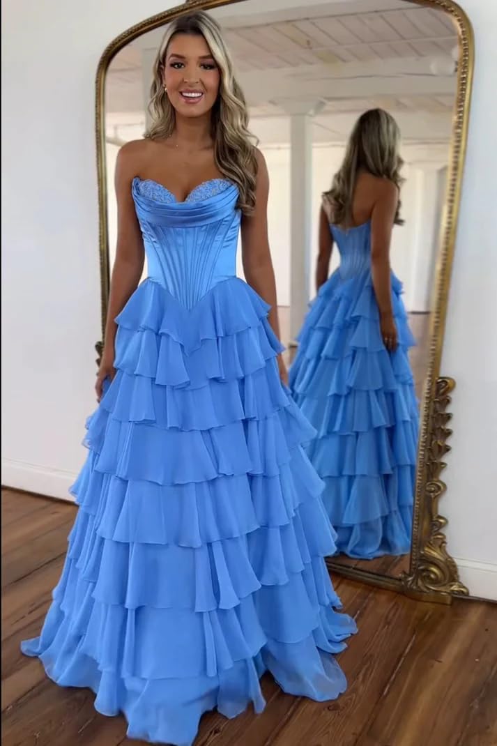 Trägerloses Korsett-Ballkleid für Damen 2025, langes, gestuftes, gerüschtes Chiffon-Abendkleid mit Schlitz 