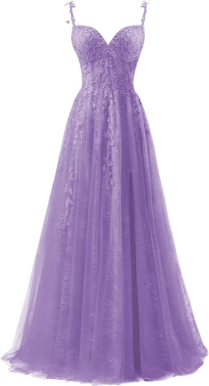 Lace Applique Tulle Prom Dresses for Women 2025 Spaghetti Straps Ball Gown Formal Evening Party Gown with Slit