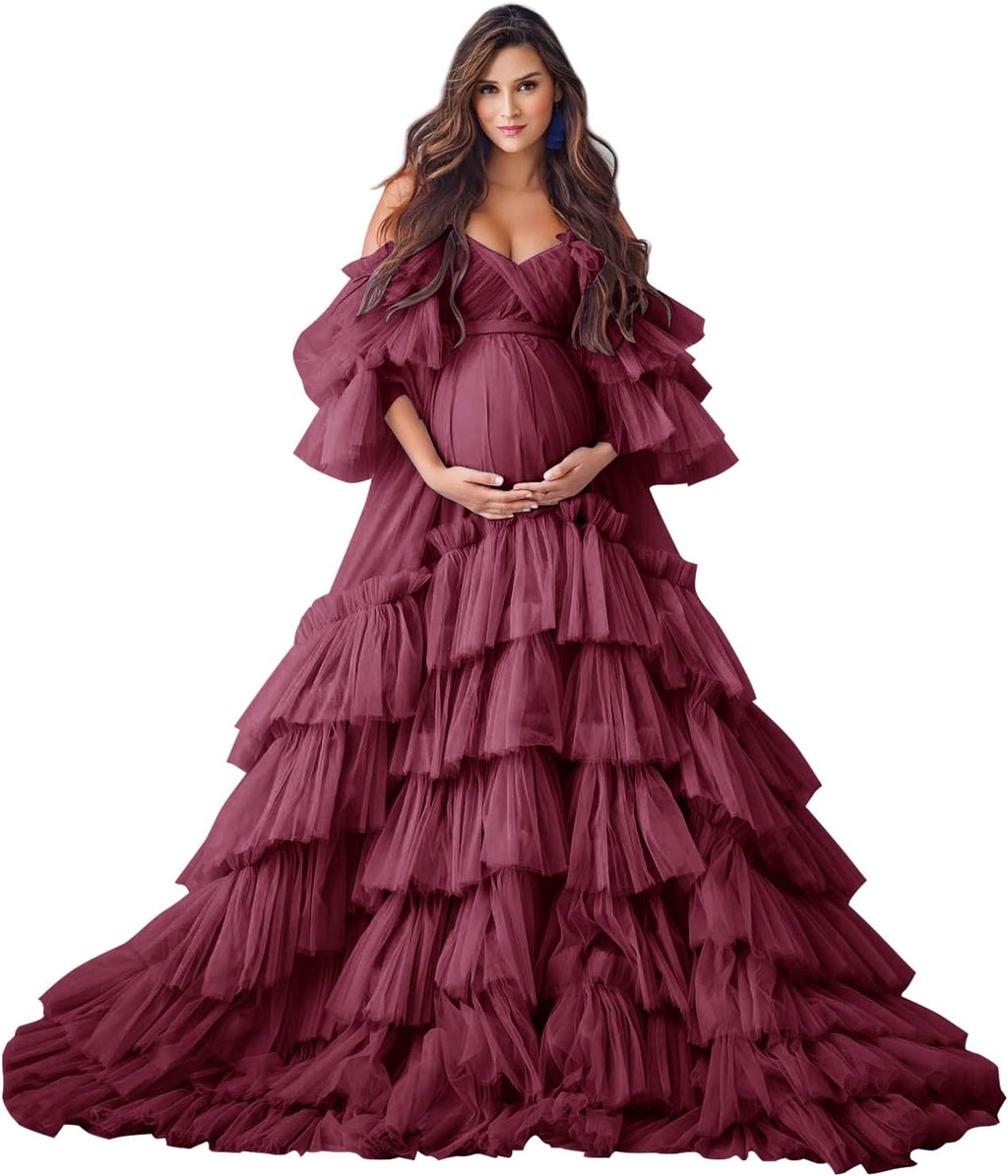 Puffy Tüll Robe Umstandskleid für Fotoshooting Transparente Braut Dessous Hochzeitskleid Lange Baby Shower Schwangerschaftskleider 