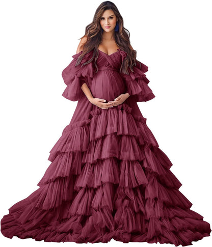 Puffy Tüll Robe Umstandskleid für Fotoshooting Transparente Braut Dessous Hochzeitskleid Lange Baby Shower Schwangerschaftskleider 