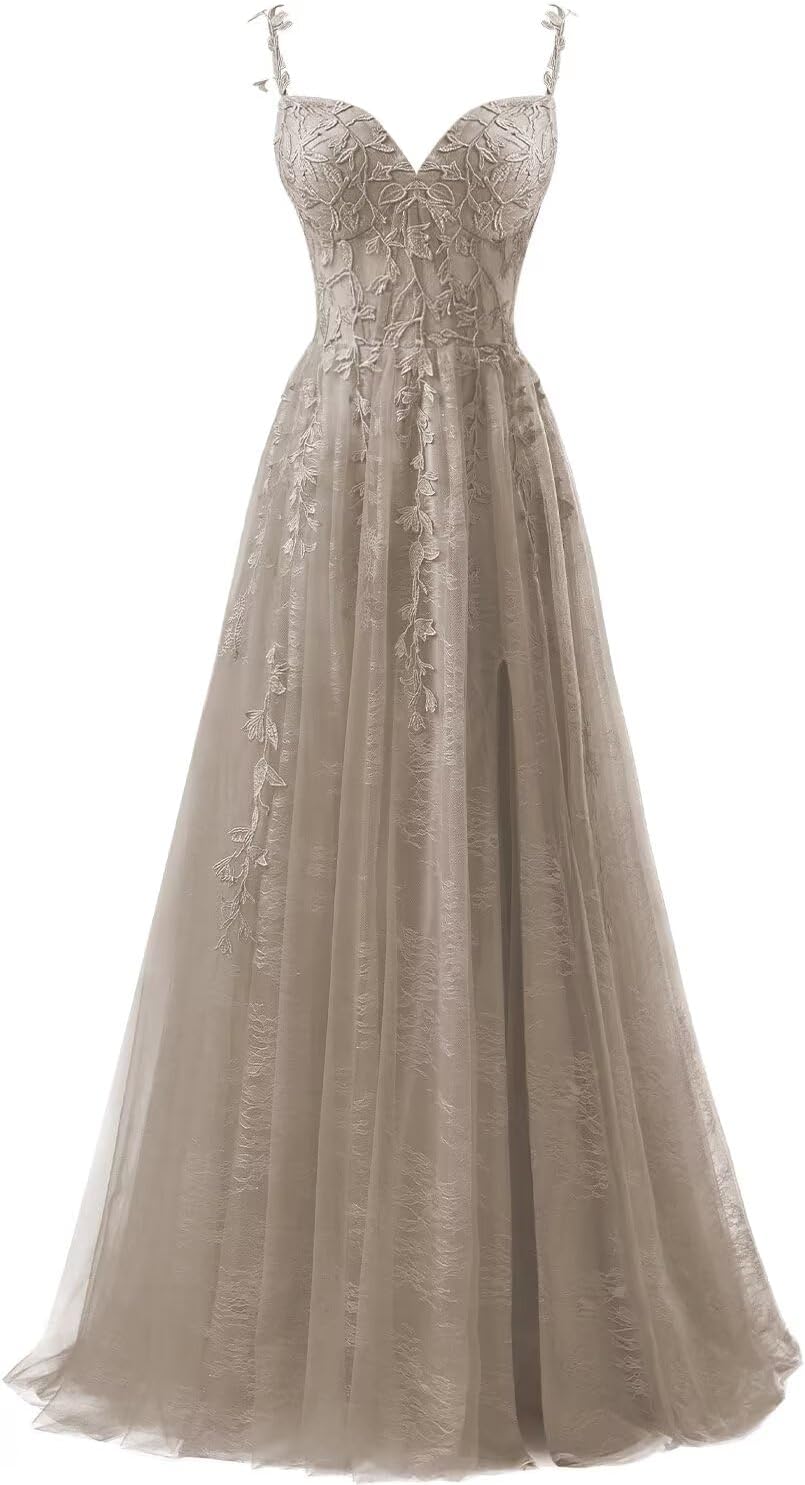Vestidos de fiesta de tul con apliques de encaje para mujer 2025, vestido de fiesta formal de noche con tirantes finos y abertura 