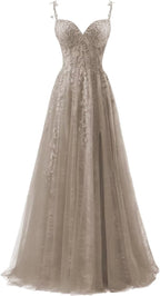 Vestidos de fiesta de tul con apliques de encaje para mujer 2025, vestido de fiesta formal de noche con tirantes finos y abertura 