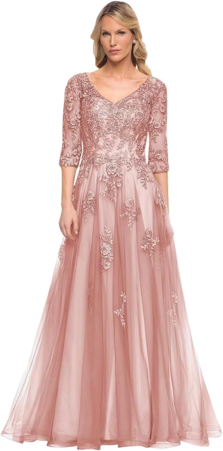Women's V-Neck 3/4 Sleeve Mother of The Bride Dress A-line Tulle Lace Appliques Long Formal Party Dress QA117