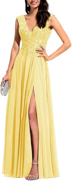 Chiffon Appliques Bridesmaid Dress Long V Neck Beaded Wedding Guest Gown with Split