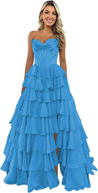 Strapless Corset Prom Dresses for Women 2025 Long Tiered Ruffle Chiffon Formal Evening Gown with Slit
