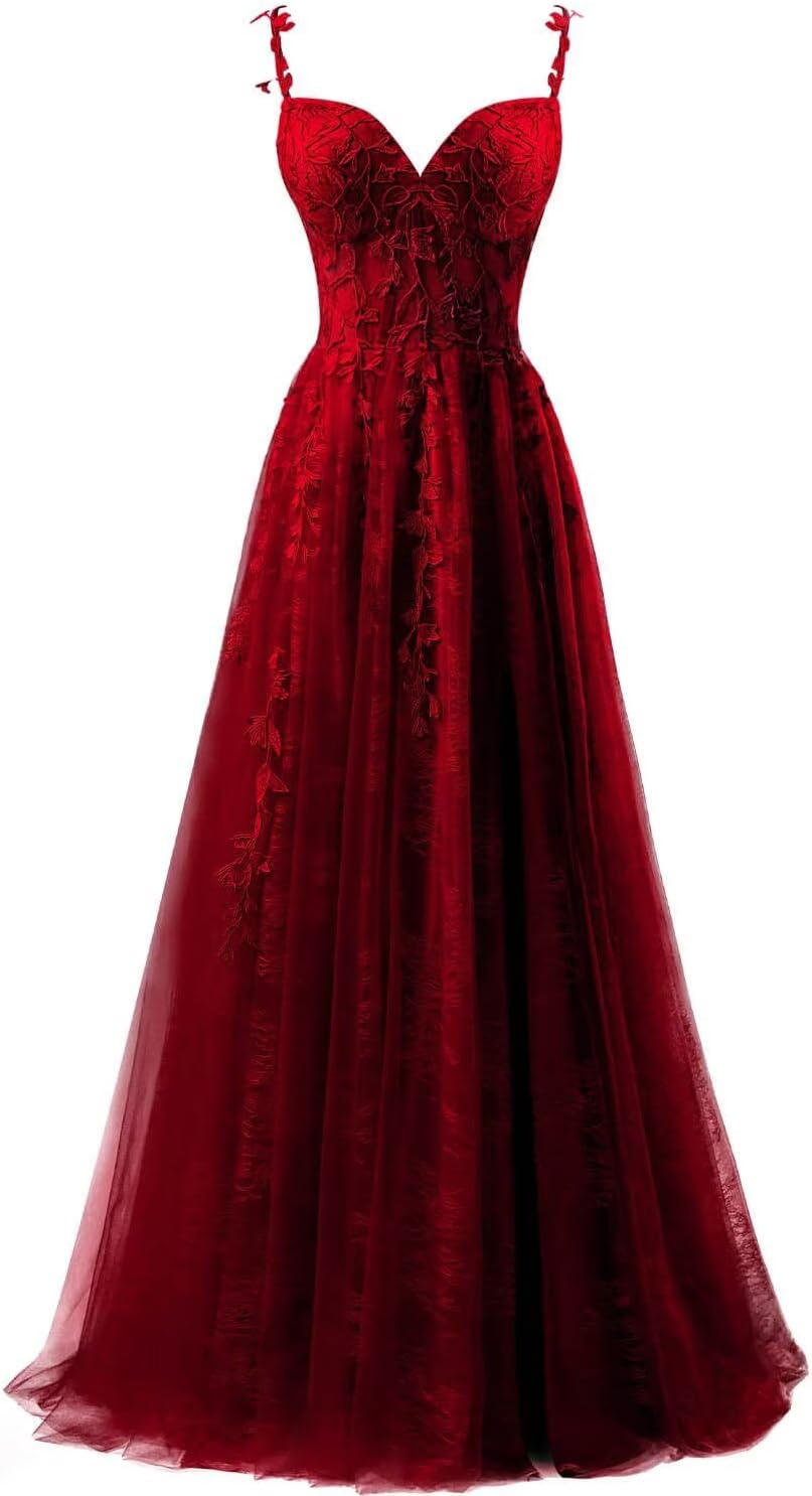 Lace Applique Tulle Prom Dresses for Women 2025 Spaghetti Straps Ball Gown Formal Evening Party Gown with Slit