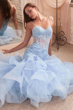 Damen Ballkleid mit Spitzenapplikation, Tüll, lang, Meerjungfrau-Stil, Rüschen, funkelnd, formelles Abendkleid 