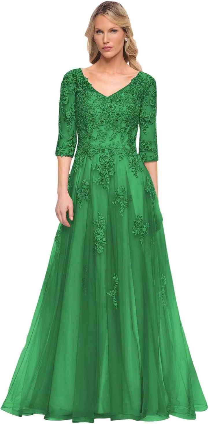 Women's V-Neck 3/4 Sleeve Mother of The Bride Dress A-line Tulle Lace Appliques Long Formal Party Dress QA117