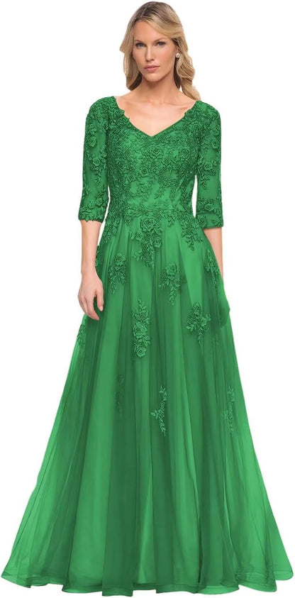 Women's V-Neck 3/4 Sleeve Mother of The Bride Dress A-line Tulle Lace Appliques Long Formal Party Dress QA117