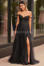 Vestidos de fiesta de tul con apliques de encaje para mujer 2025, vestido de fiesta formal de noche con tirantes finos y abertura 