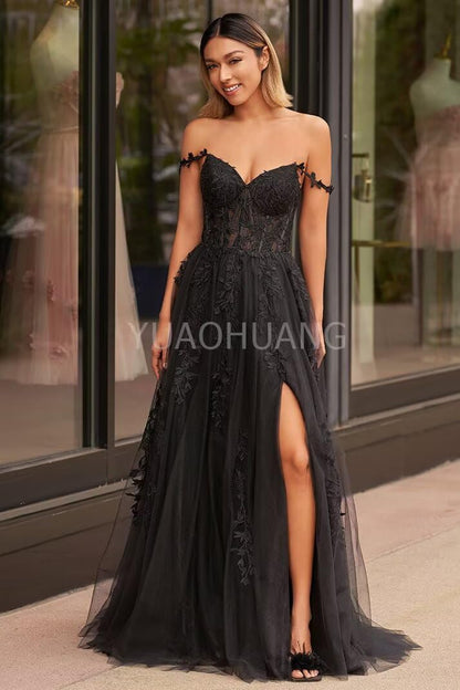 Lace Applique Tulle Prom Dresses for Women 2025 Spaghetti Straps Ball Gown Formal Evening Party Gown with Slit