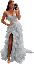 Glitzerndes, gestuftes Spitzen-Tüll-Ballkleid, lang, 2025, Spaghettiträger, formelles Korsett-Abendkleid mit Schlitz 