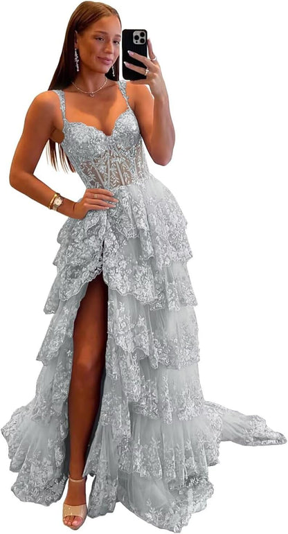 Glitzerndes, gestuftes Spitzen-Tüll-Ballkleid, lang, 2025, Spaghettiträger, formelles Korsett-Abendkleid mit Schlitz 