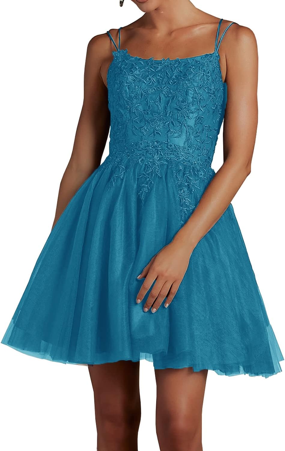 Modest Lace Beaded Tulle Homecoming Dresses Short Square Neck Prom Dress Spaghetti Straps Party Gown