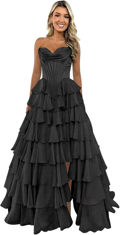 Trägerloses Korsett-Ballkleid für Damen 2025, langes, gestuftes, gerüschtes Chiffon-Abendkleid mit Schlitz 