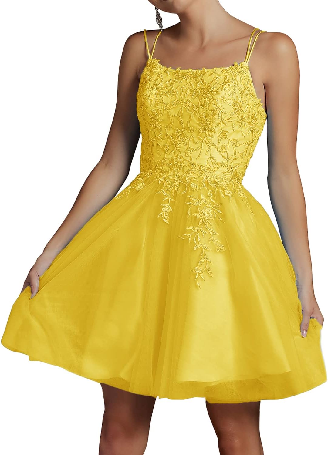 Modest Lace Beaded Tulle Homecoming Dresses Short Square Neck Prom Dress Spaghetti Straps Party Gown