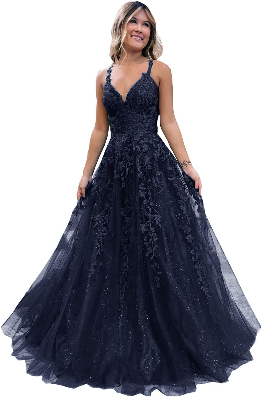 Floral Lace Glitter Tulle Prom Dress Long Ball Gown V Neck Formal Evening Dress Maxi Party Gown