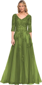 Damen V-Ausschnitt 3/4 Ärmel Kleid für die Brautmutter A-Linie Tüll Spitzenapplikationen Langes formelles Partykleid QA117 