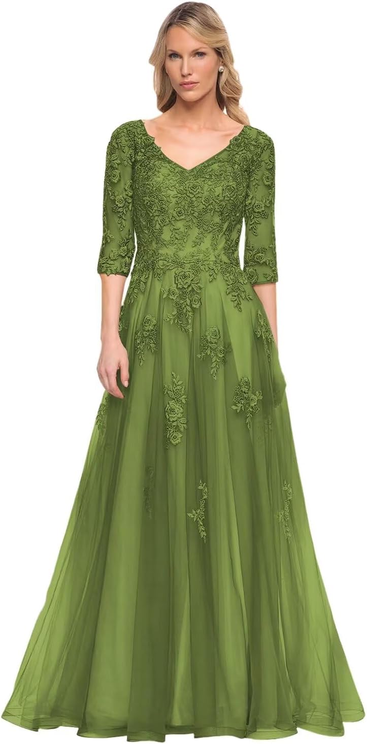 Women's V-Neck 3/4 Sleeve Mother of The Bride Dress A-line Tulle Lace Appliques Long Formal Party Dress QA117