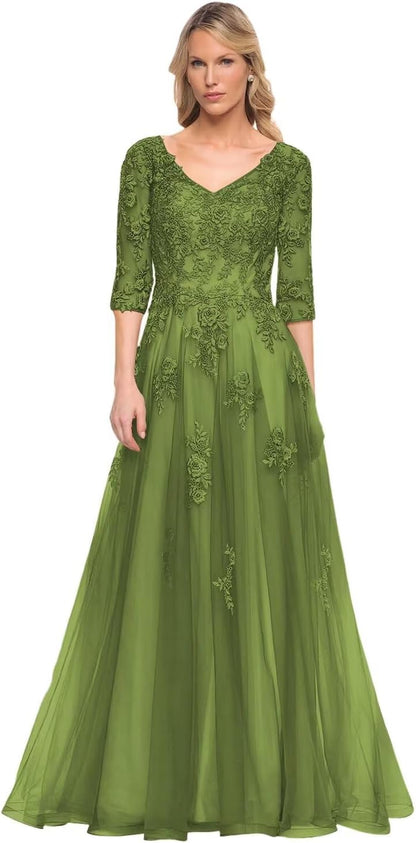 Women's V-Neck 3/4 Sleeve Mother of The Bride Dress A-line Tulle Lace Appliques Long Formal Party Dress QA117