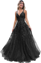 Floral Lace Glitter Tulle Prom Dress Long Ball Gown V Neck Formal Evening Dress Maxi Party Gown