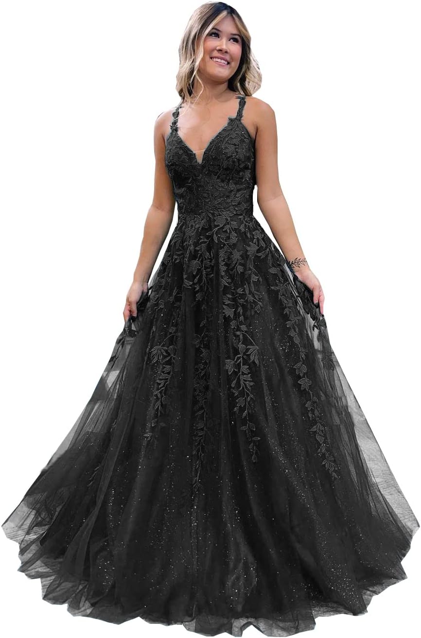 Floral Lace Glitter Tulle Prom Dress Long Ball Gown V Neck Formal Evening Dress Maxi Party Gown