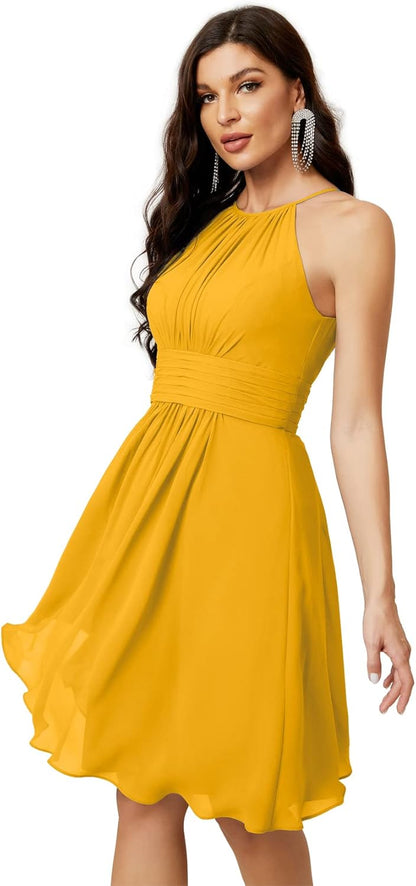 Sunnderly Short Halter Top Chiffon Bridesmaid Dresses Tea Length A Line Formal Evening Party Cocktail Dress Dusty Rose