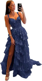 Glitzerndes, gestuftes Spitzen-Tüll-Ballkleid, lang, 2025, Spaghettiträger, formelles Korsett-Abendkleid mit Schlitz 