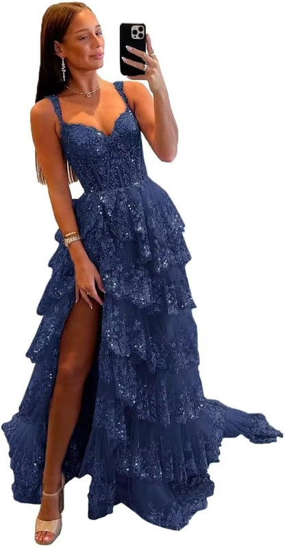 Glitzerndes, gestuftes Spitzen-Tüll-Ballkleid, lang, 2025, Spaghettiträger, formelles Korsett-Abendkleid mit Schlitz 